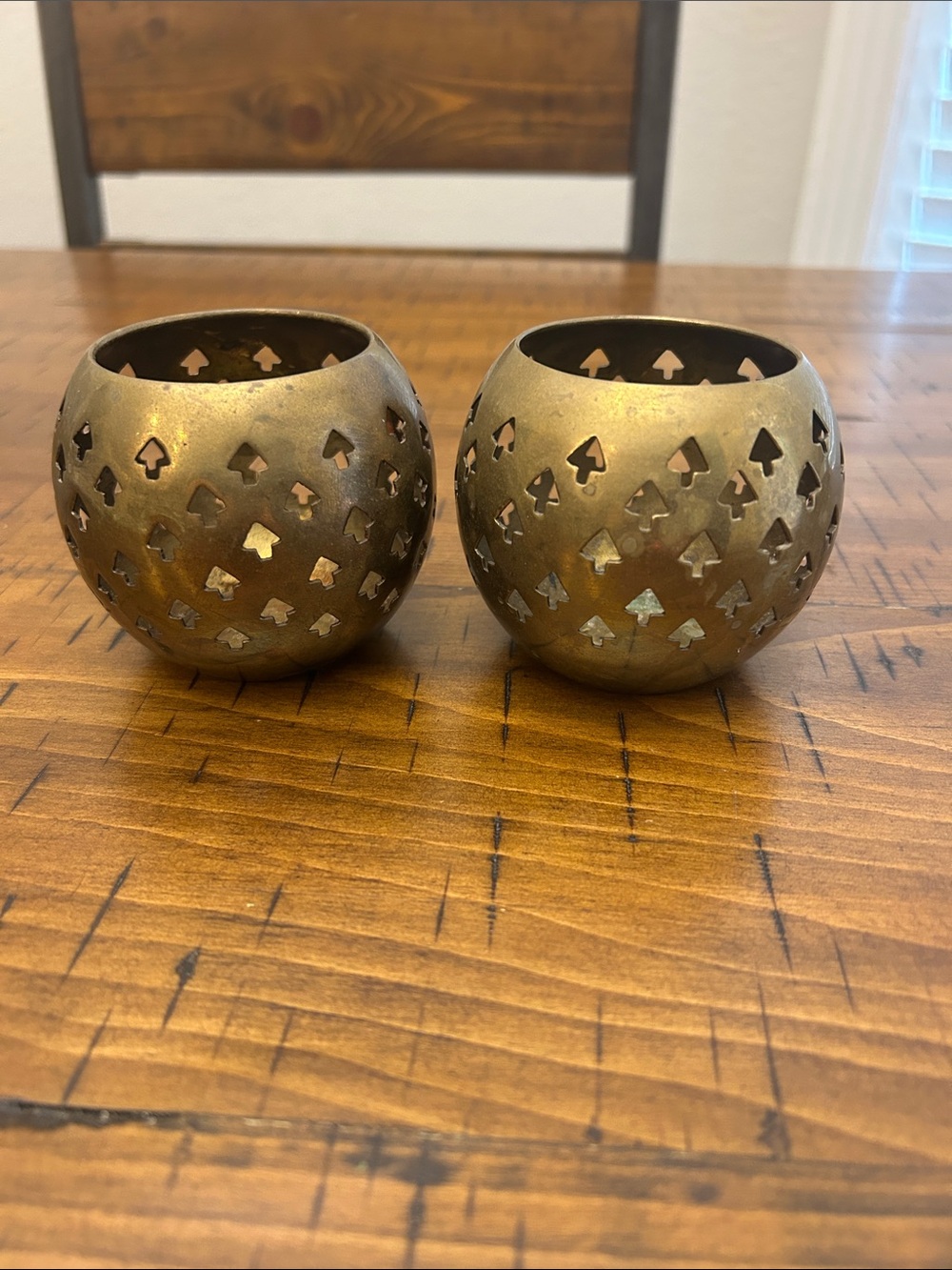 Vintage Brass- Two Round Votive/ Candle Holders Unique Tree Pattern
